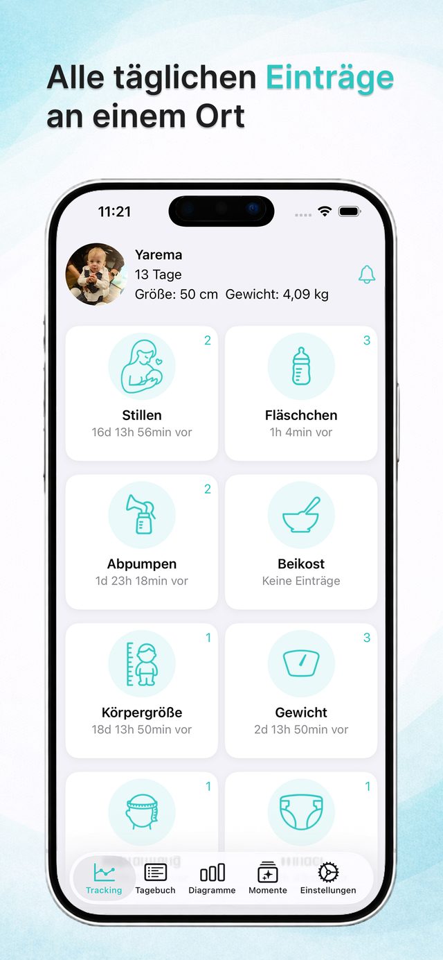 Baby-Tracker-Startbildschirm mit allen Einträgen des Tages