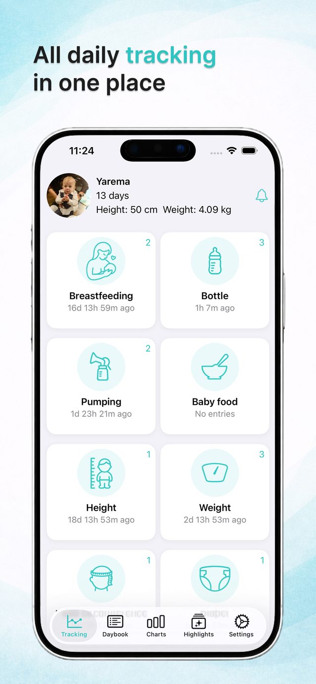 Baby tracker dashboard with all daily logs