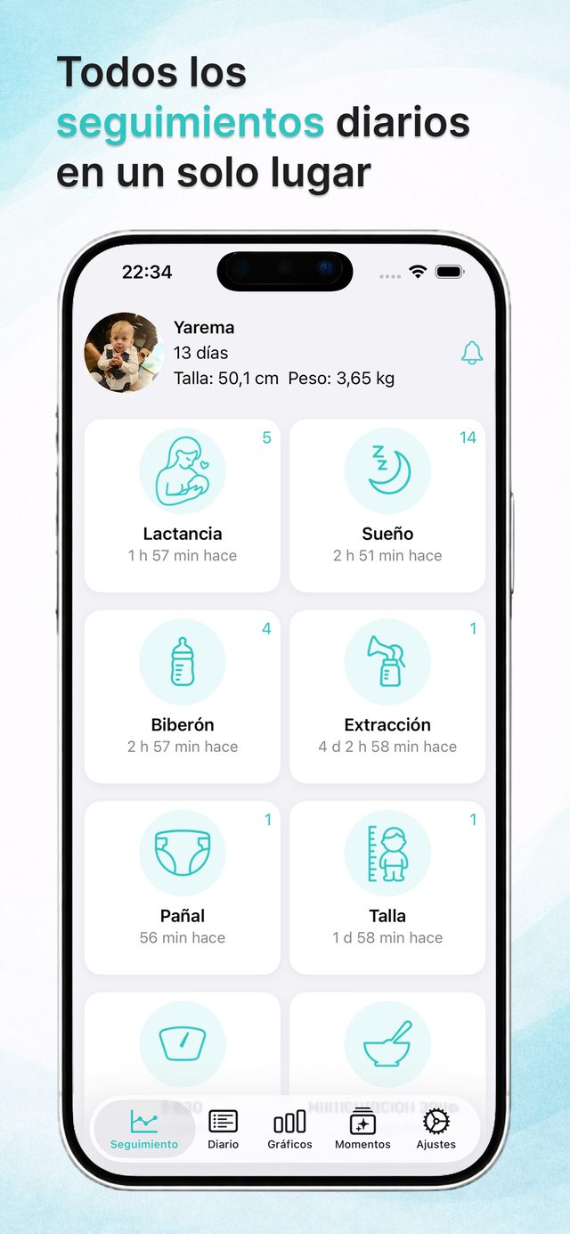 Panel de seguimiento del bebé con todos los registros del día